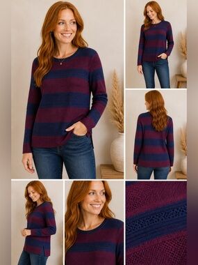 NWT Market and Spruce Burgundy and Navy Stripe Open Knit Long Sleeve Sweater XXL